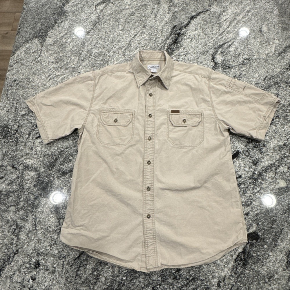 Carhartt Tan Short Sleeve Button Down Shirt Mens L Casual Classic Work Wear #740